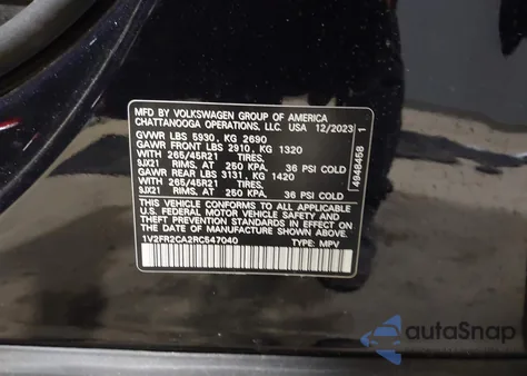 2024 Volkswagen Atlas 2.0T Sel Premium R-Line из США, поврежденный, VIN 1V2FR2CA2RC547040